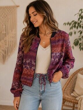 Forever 21 Purple & Gold Patterned Bomber Jacket Size Small